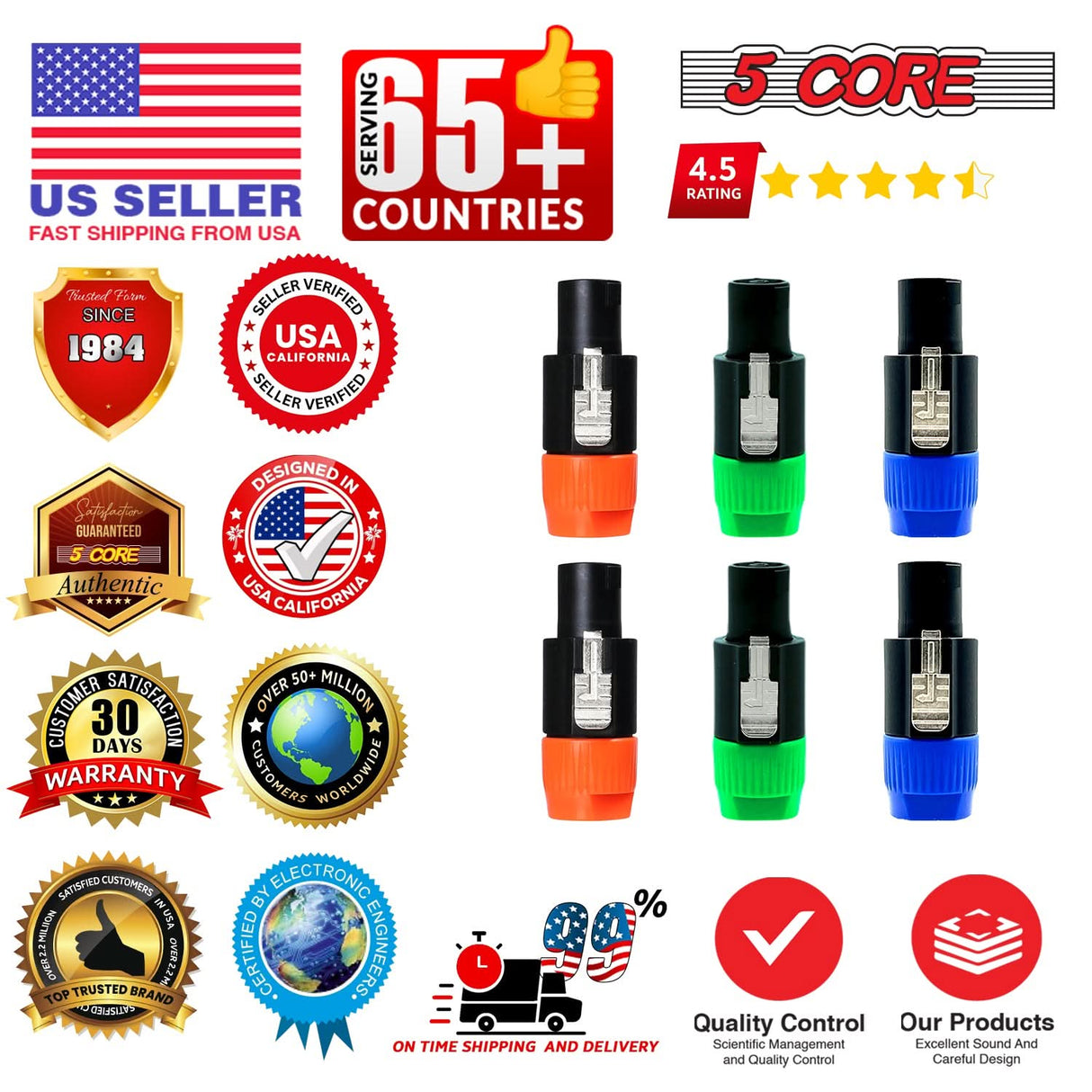 5 Core Speakon Adapter 6 Pack High Quality Audio Jack Male Audio Pin Speaker Adapter Connector