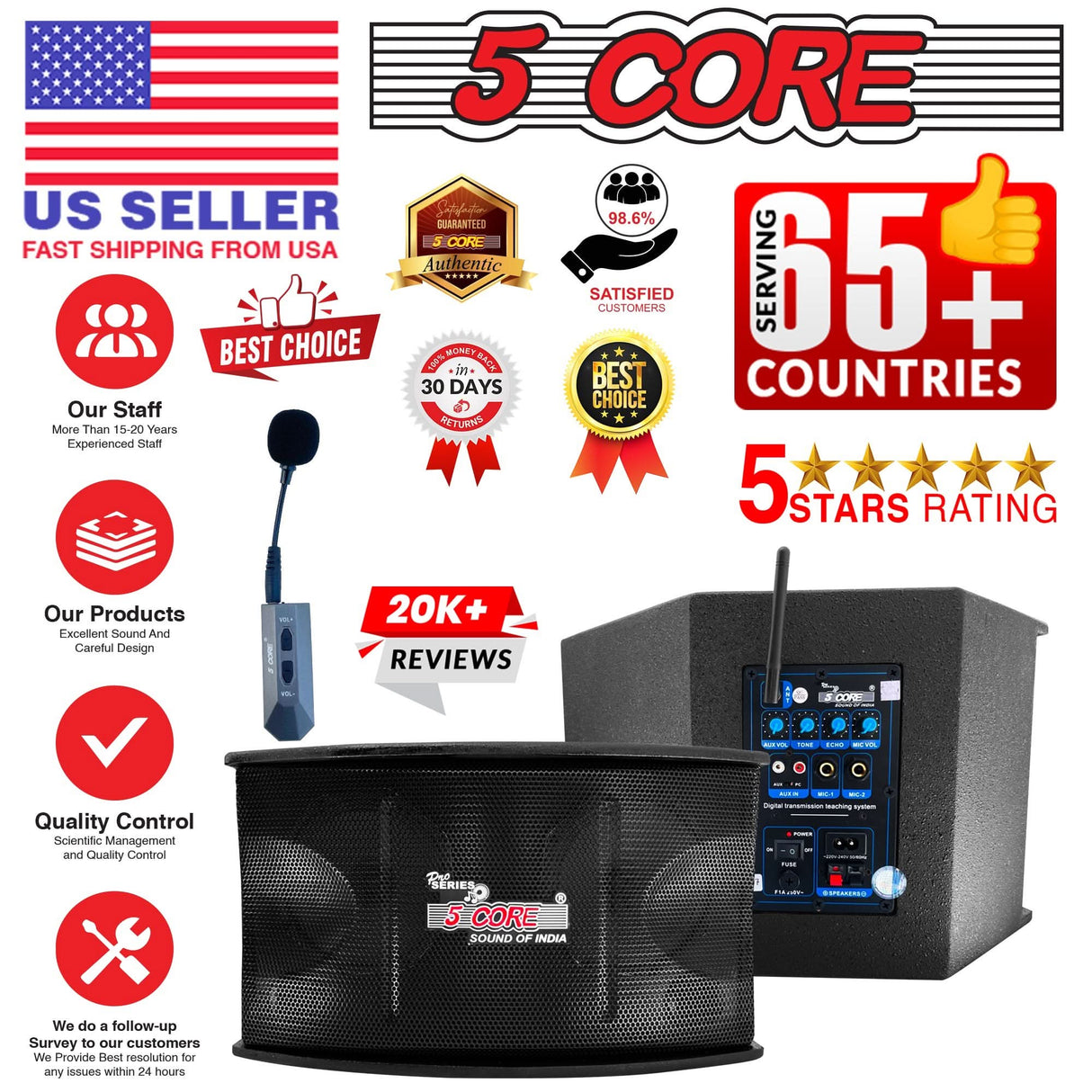 5Core 200W portable voice amplifier PA speaker system with wireless lavalier mic