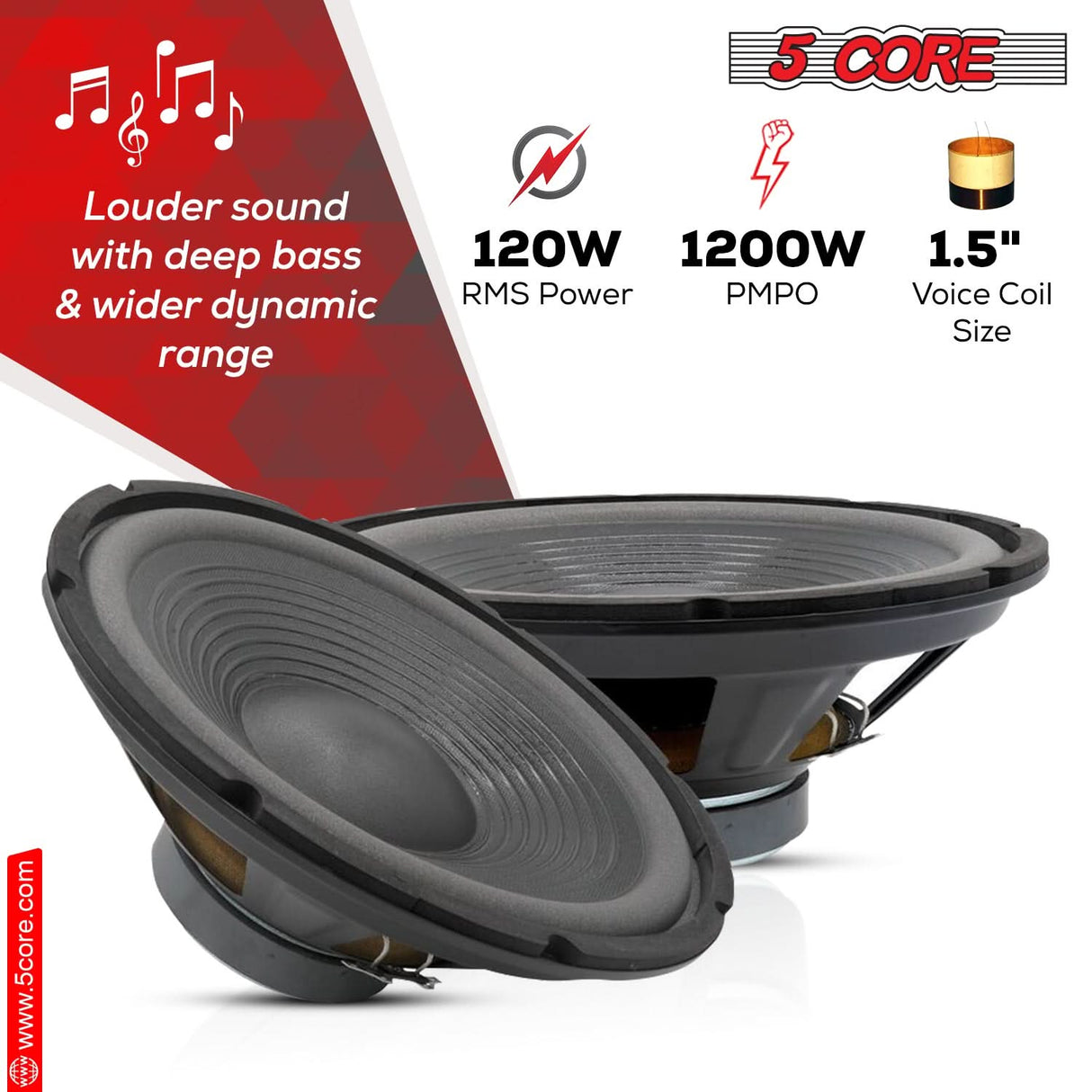 5Core 12" Subwoofer 1200W PA DJ Sub Woofer Audio Pair 8Ohm w Deep Bass Pro Audio Replacement Loud Speaker
