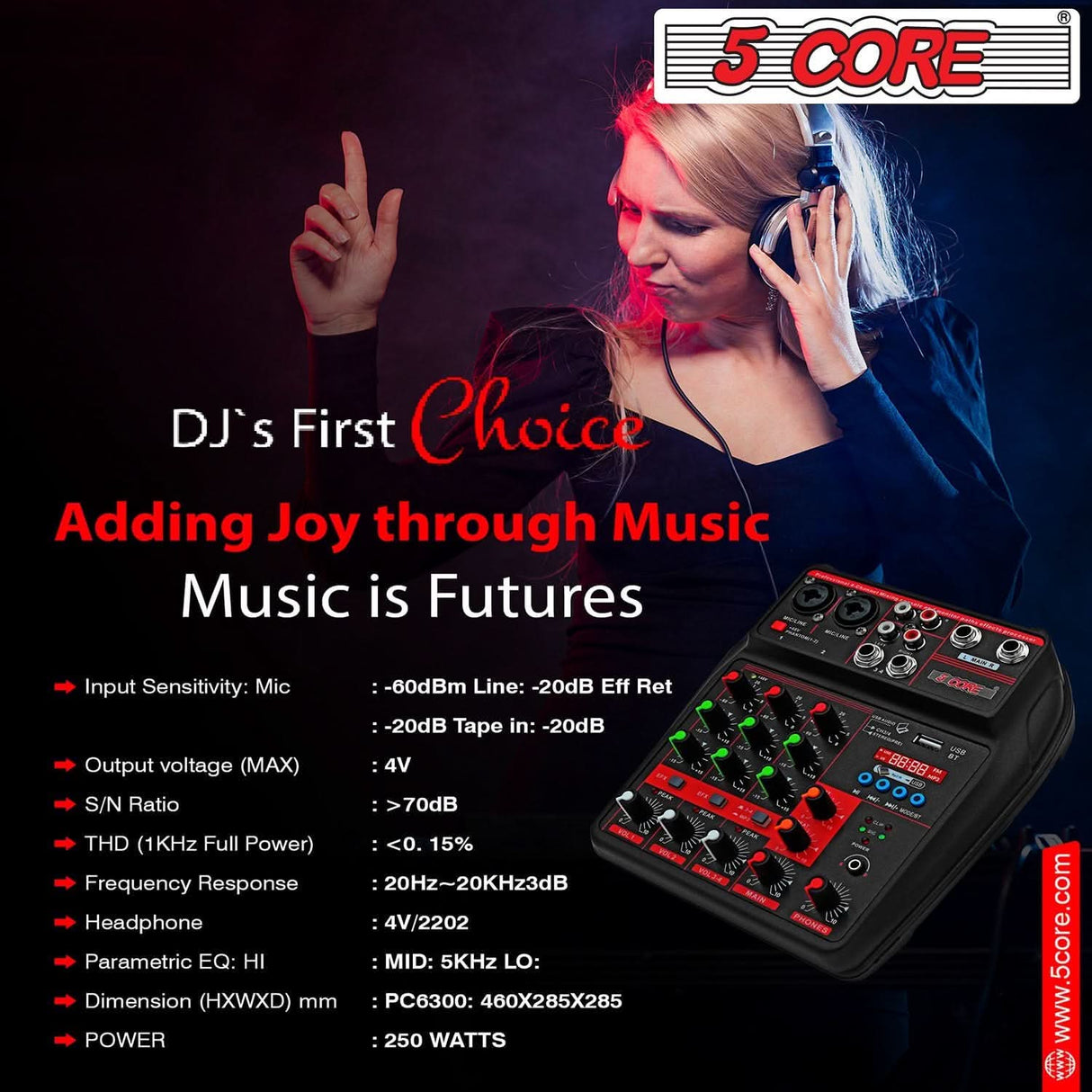 5Core Audio Mixer 4 Channel DJ Soundboard USB Interface Bluetooth Mixing Console w Repeat Delay +48V