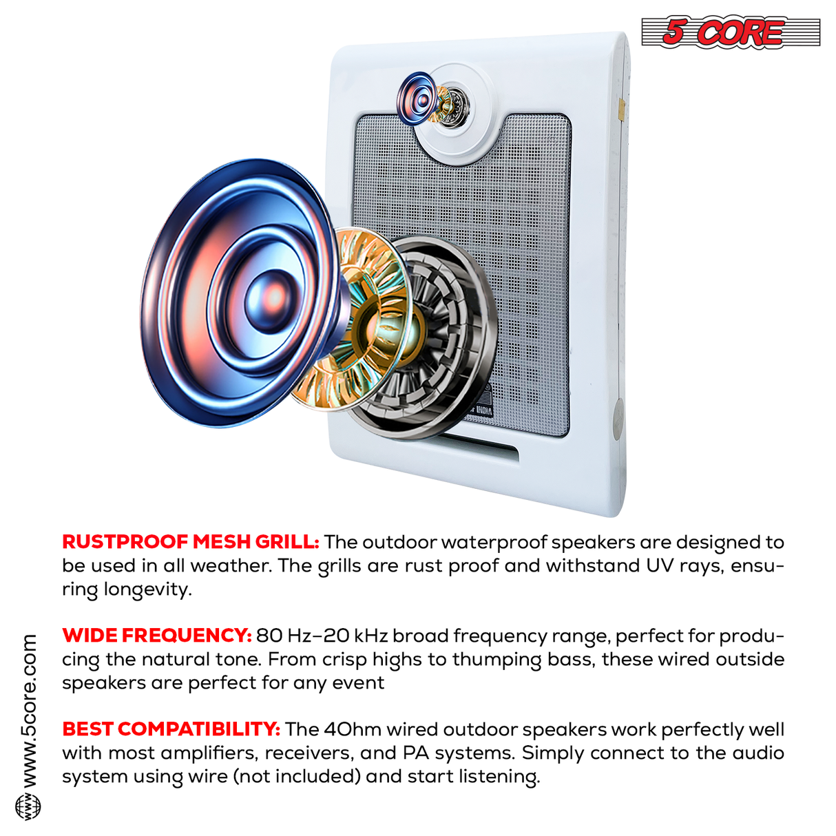 5Core Outdoor Speakers Stereo In Wall 500W Peak Passive Home Audio System