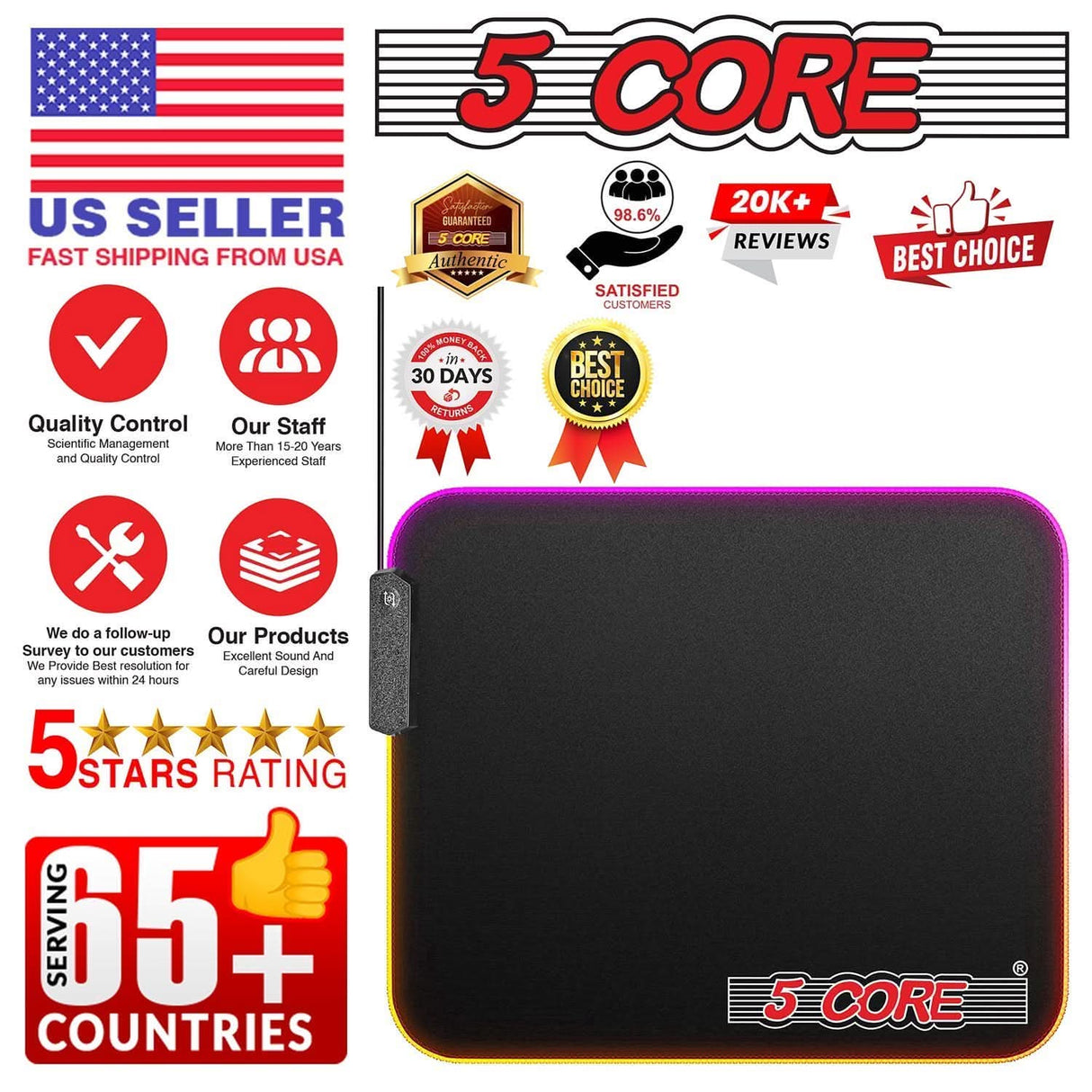 5Core desk mouse mat with RGB lighting, featuring 12 modes and a rubber base for stability
