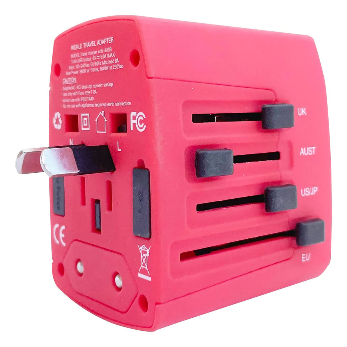Red universal travel adapter with 4 USB ports