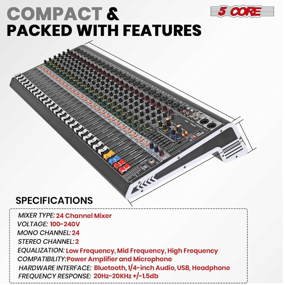 5Core Audio Mixer 24 Channel DJ Mixing Board Bluetooth USB Analog Professional Mezclador De Audio