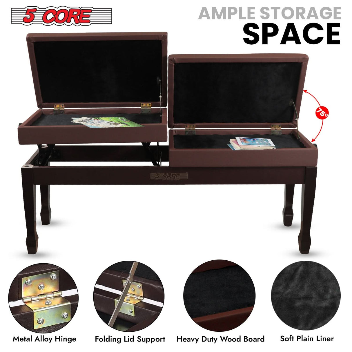 5 Core Duet Piano Bench 3.5 Inch Padded Cushioned Stool Wooden Heavy Duty Musician Chair w Storage