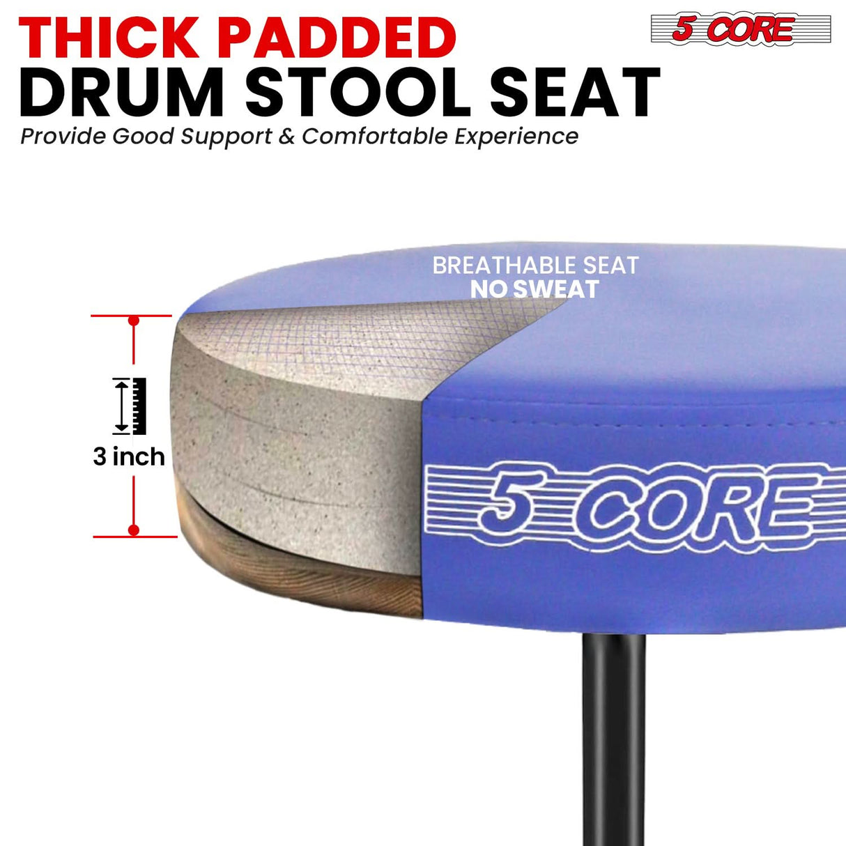 5 Core Drum Throne 3" Thick Padded Memory Foam Comfortable Drummer Stool 330Lb Capacity Adjustable