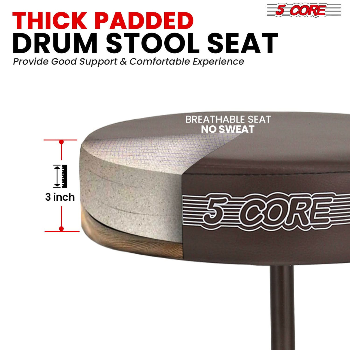 5 Core Drum Throne 3" Thick Padded Memory Foam Comfortable Drummer Stool 330Lb Capacity Adjustable