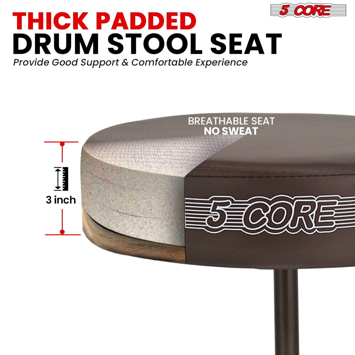 5 Core Drum Throne 3" Thick Padded Memory Foam Comfortable Drummer Stool 330Lb Capacity Adjustable