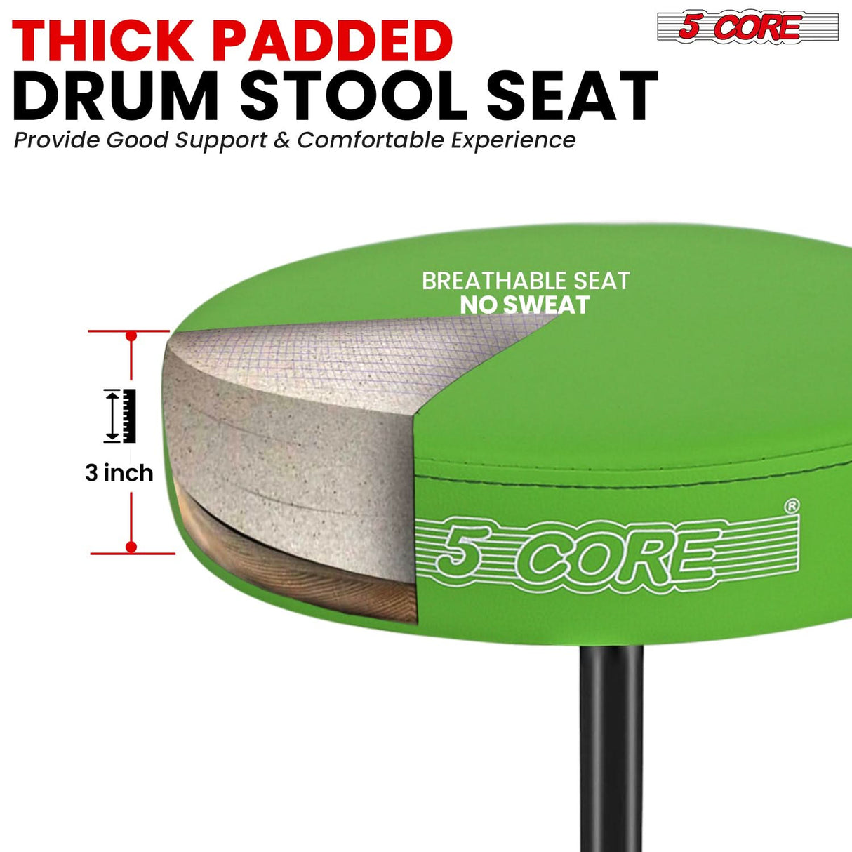 5 Core Drum Throne 3" Thick Padded Memory Foam Comfortable Drummer Stool 330Lb Capacity Adjustable