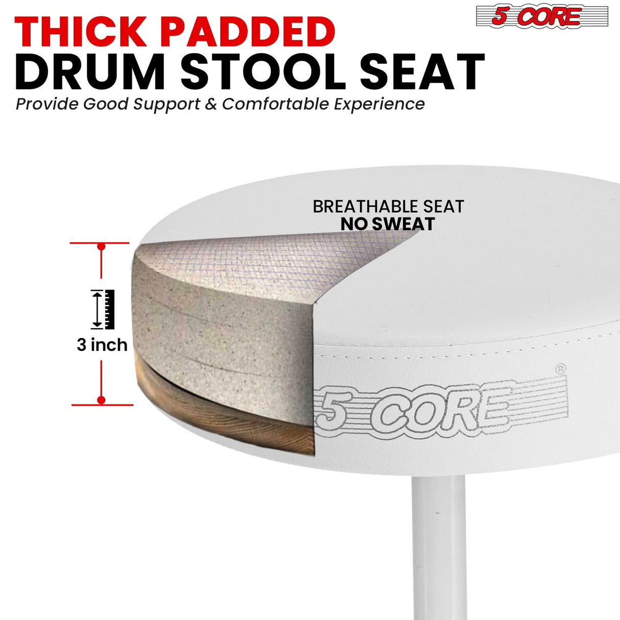 5 Core Drum Throne 3" Thick Padded Memory Foam Comfortable Drummer Stool 330Lb Capacity Adjustable