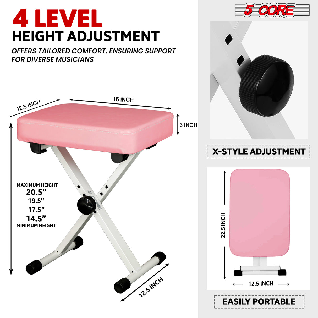 5 Core Keyboard Bench 3 Inch Padded Piano Stool Adjustable 20.5" Guitar Seat Heavy Duty Portable