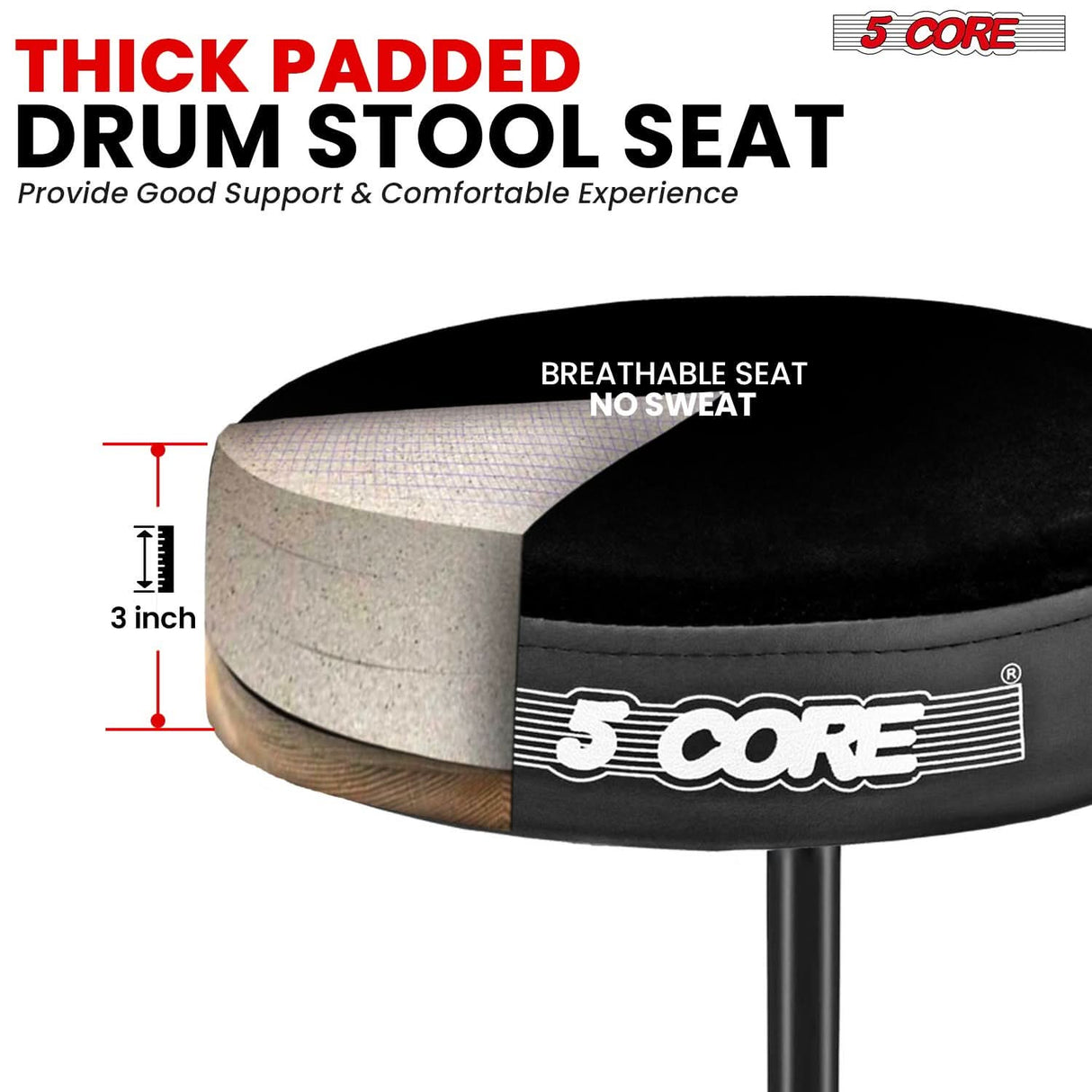 5 Core Drum Throne 3" Thick Padded Memory Foam Comfortable Drummer Stool 330Lb Capacity Adjustable
