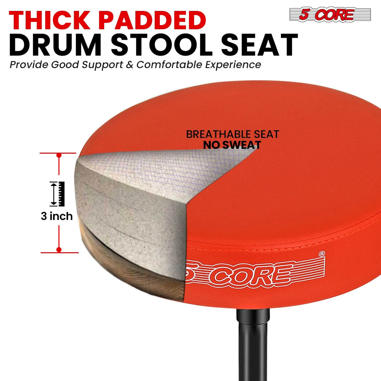 5 Core Drum Throne 3" Thick Padded Memory Foam Comfortable Drummer Stool 330Lb Capacity Adjustable