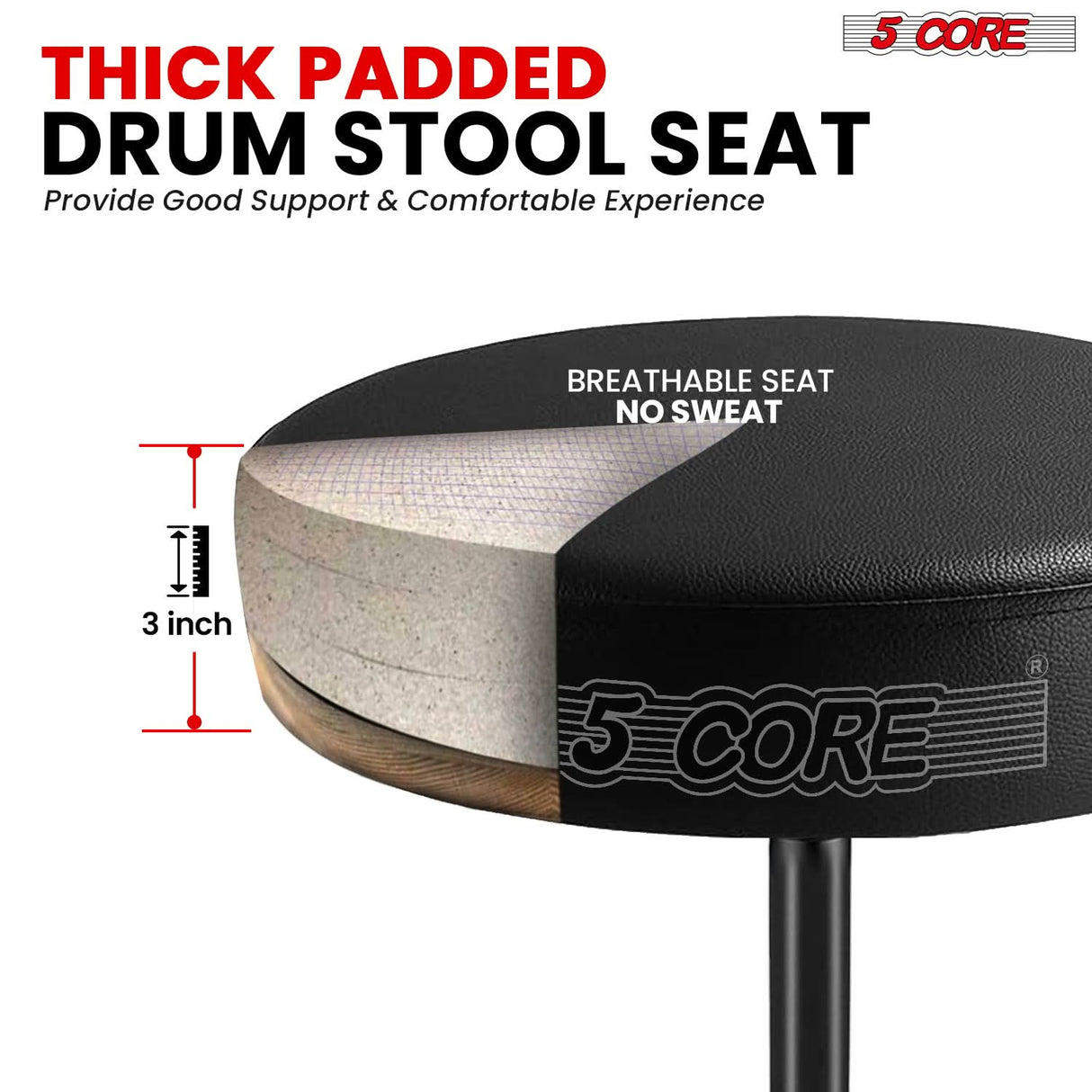 5 Core Drum Throne 3" Thick Padded Memory Foam Comfortable Drummer Stool 330Lb Capacity Adjustable