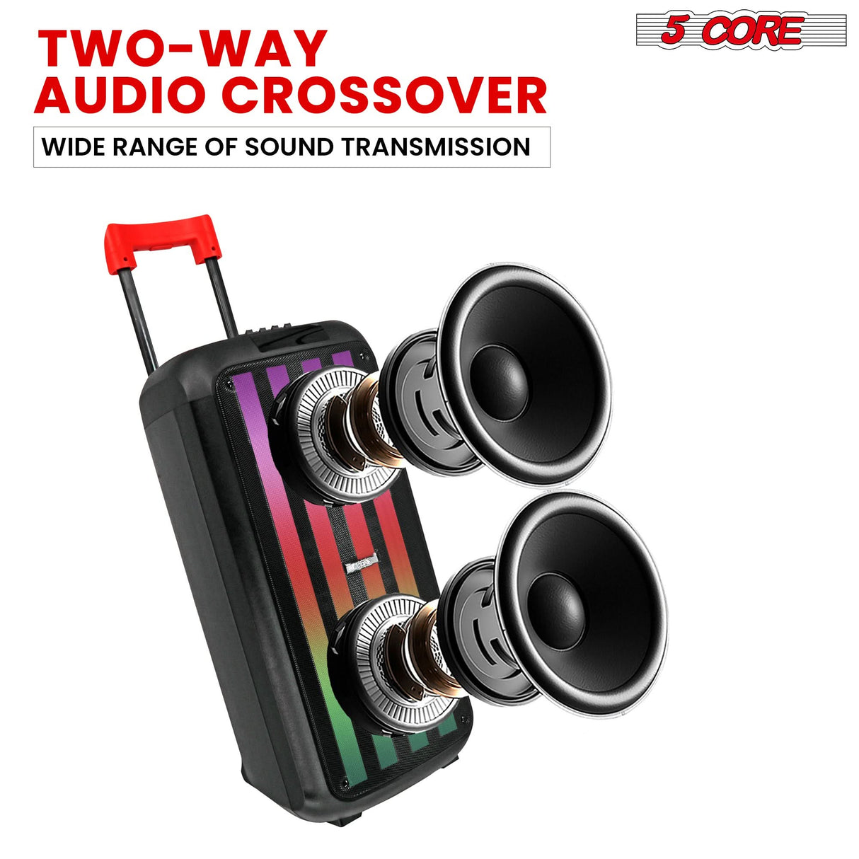 5 Core big powered party speaker with wireless microphones close-up view
