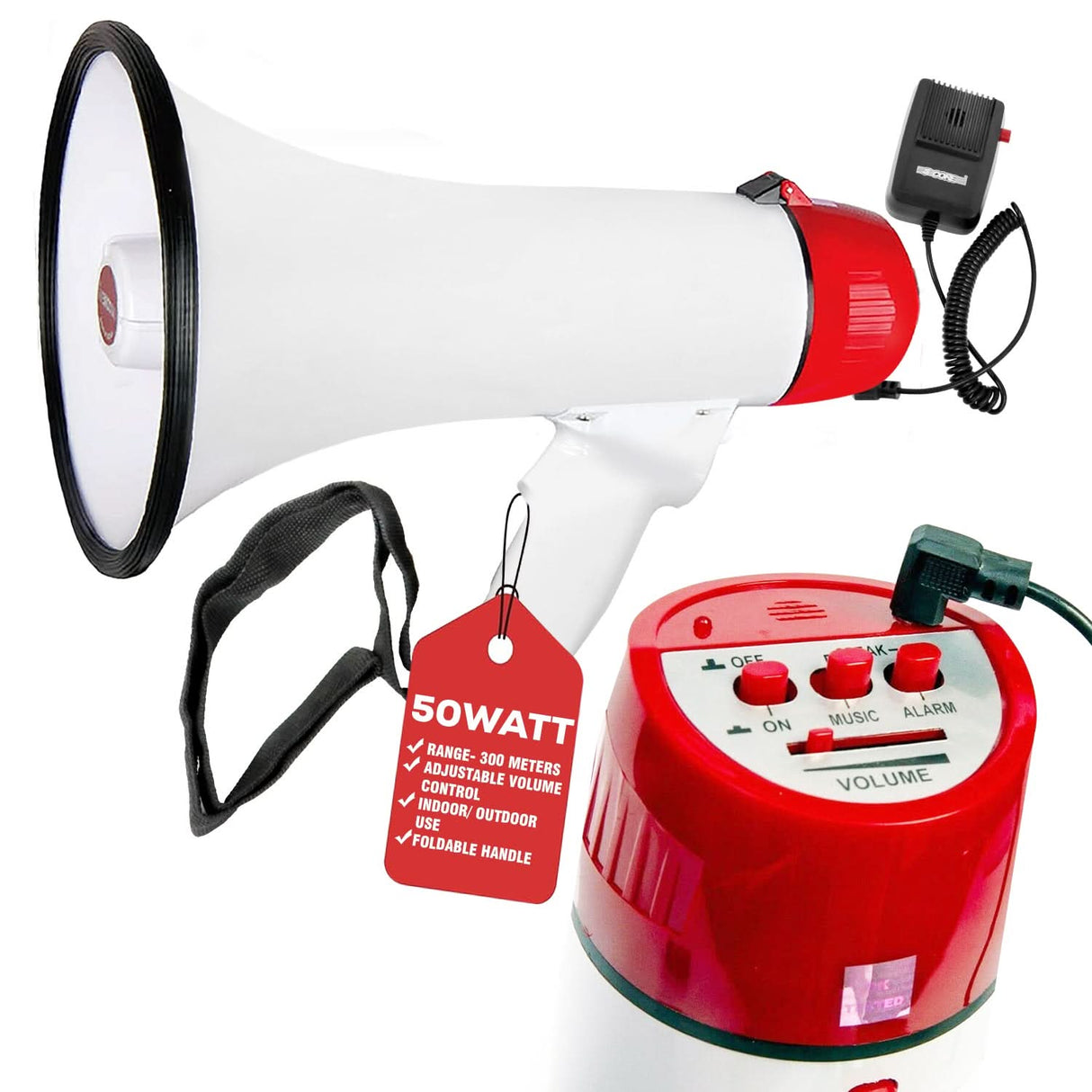 White and red megaphone with control panel