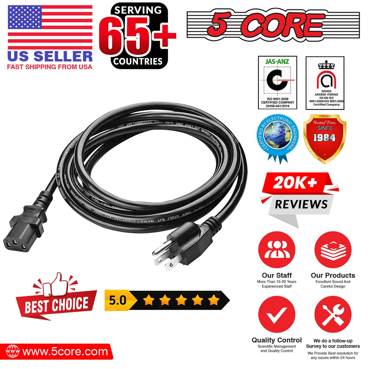 Compact 5Core power adapter cable for indoor electronics