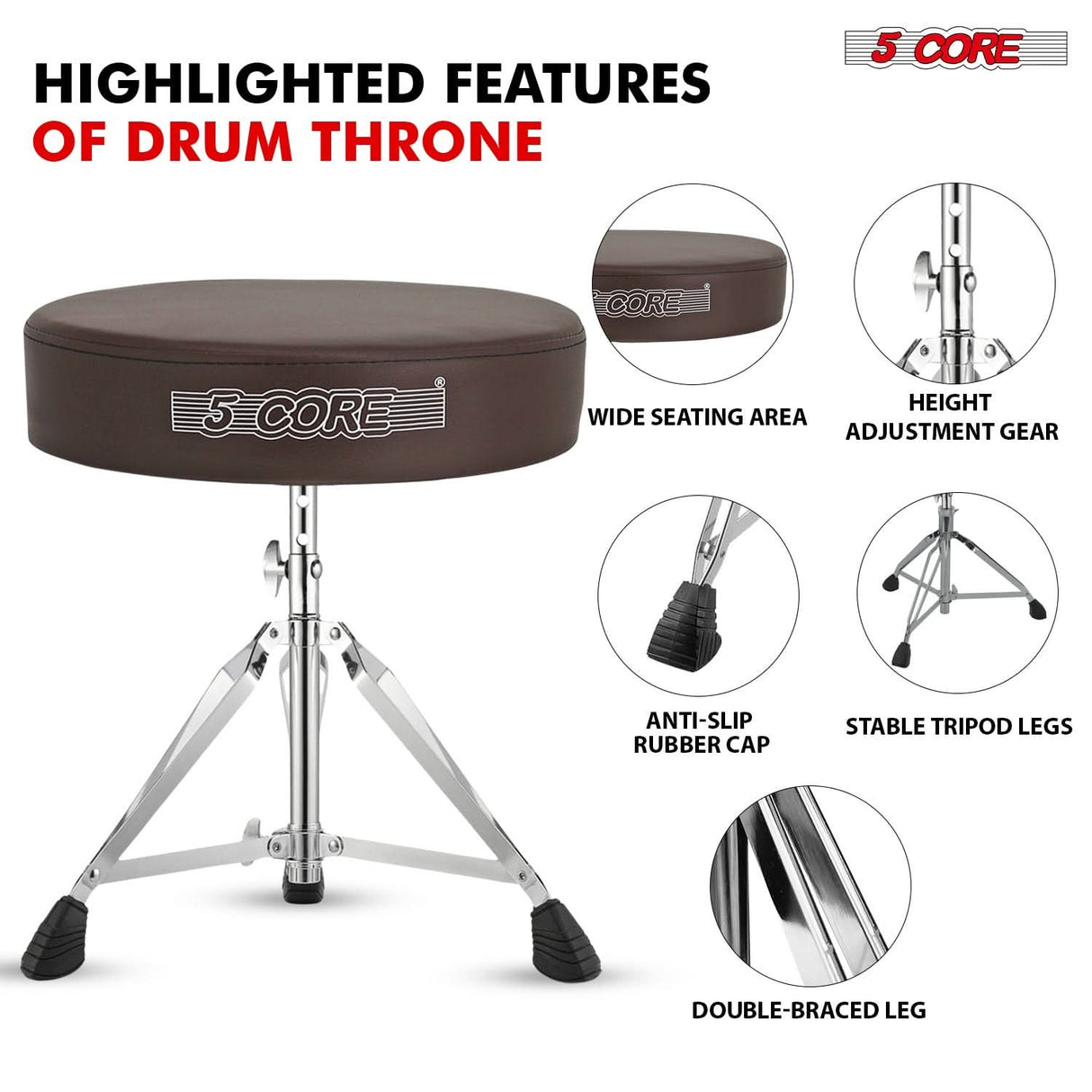 Comfortable drum chair featuring a thick cushioned seat, strong base, and adjustable height for extended sessions.