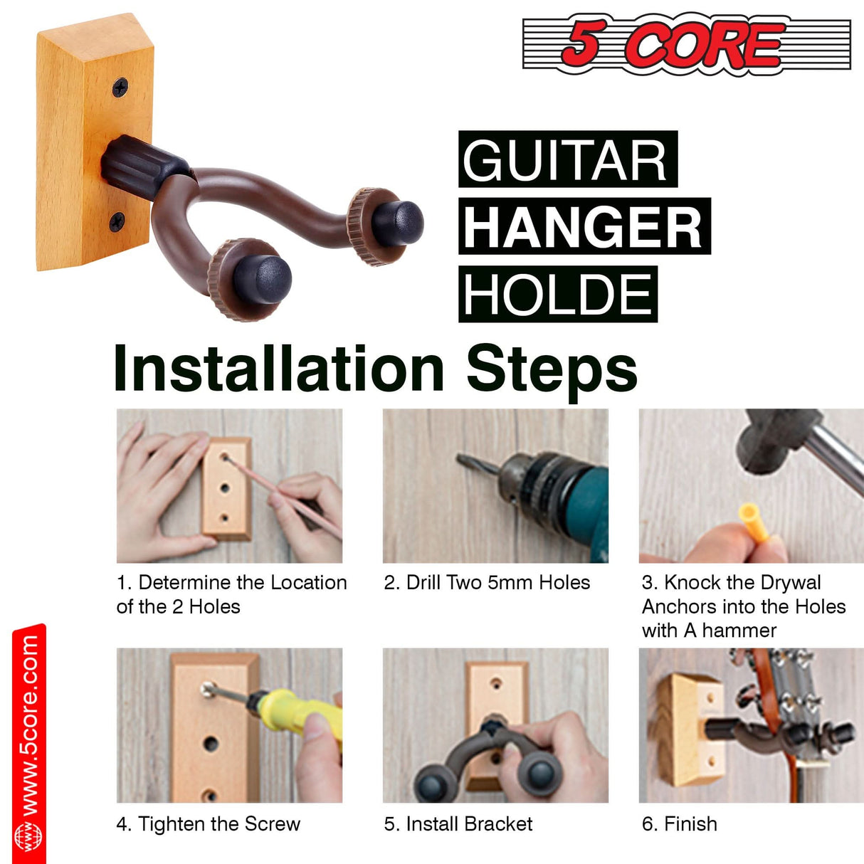 Wall-mounted 5Core guitar holder with strong wood base and padded arms