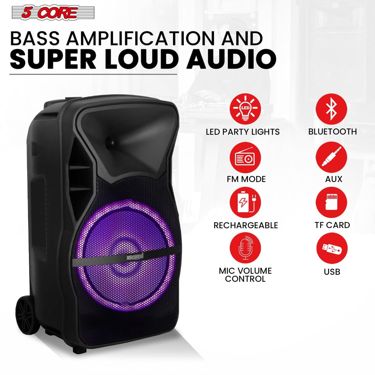 5 Core Bluetooth party speaker with wireless mic control panel view