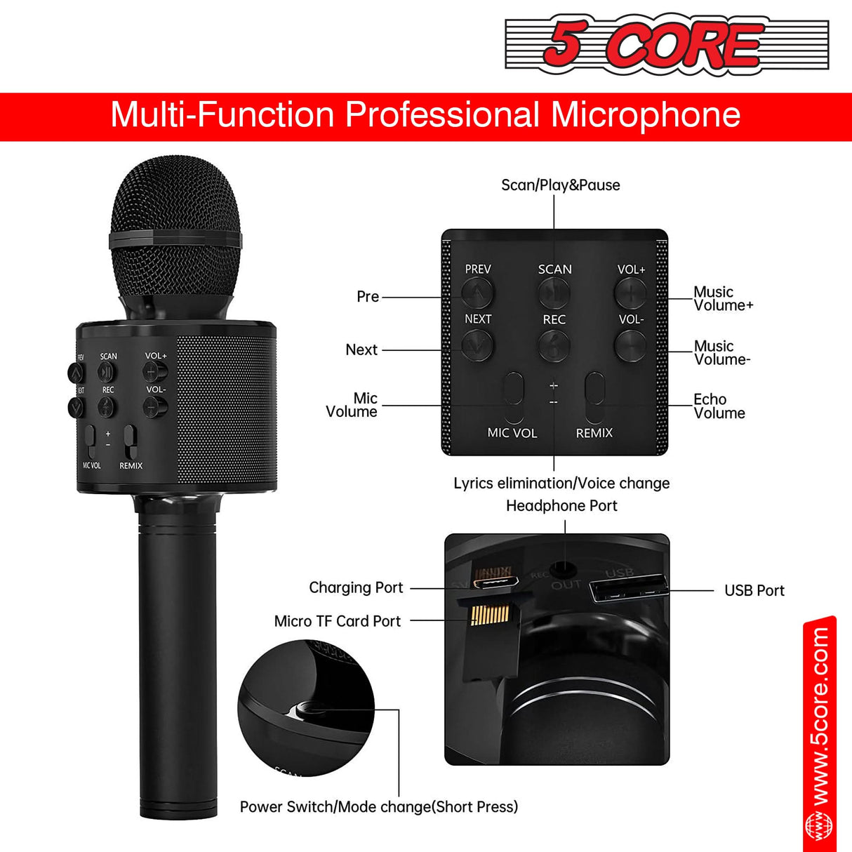 5 Core 3 in 1 Bluetooth Karaoke Microphone top view
