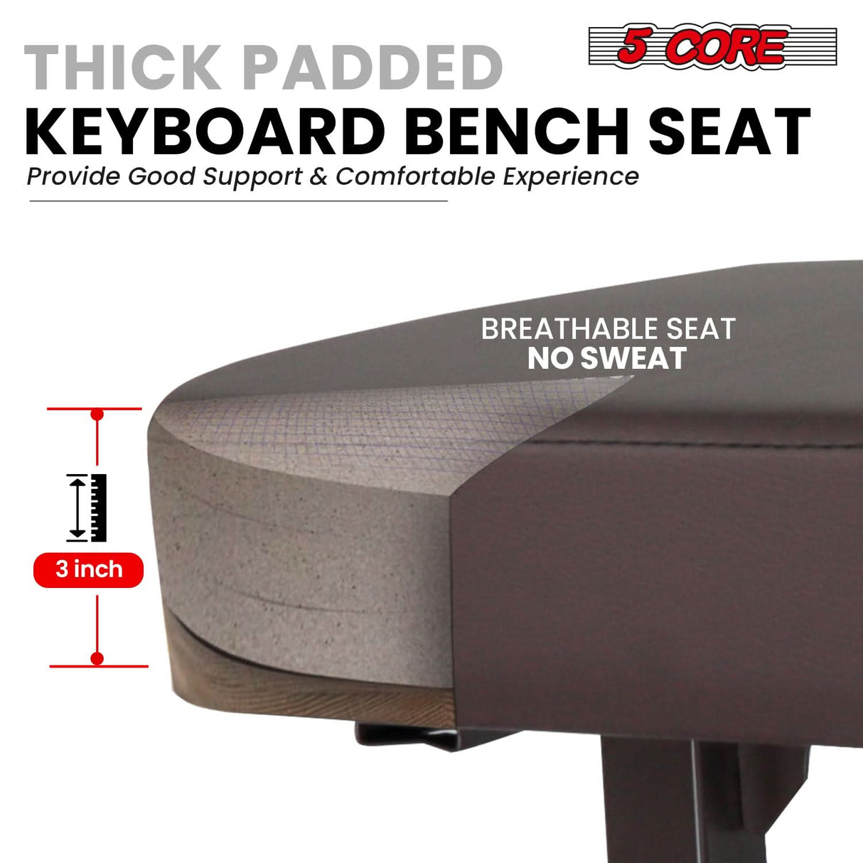 5 Core Keyboard Bench 3" Padded Cushioned Piano Stool Height Adjustable Guitar Seat Folding Portable
