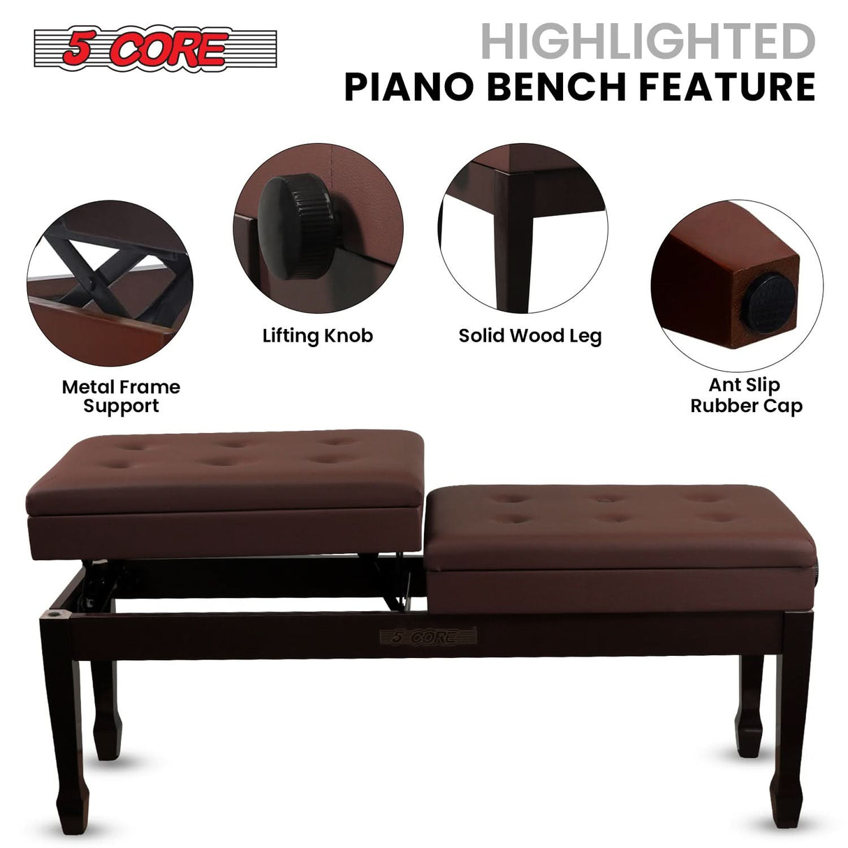 5 Core Duet Piano Bench 3.5 Inch Padded Cushioned Stool Wooden Heavy Duty Musician Chair w Storage