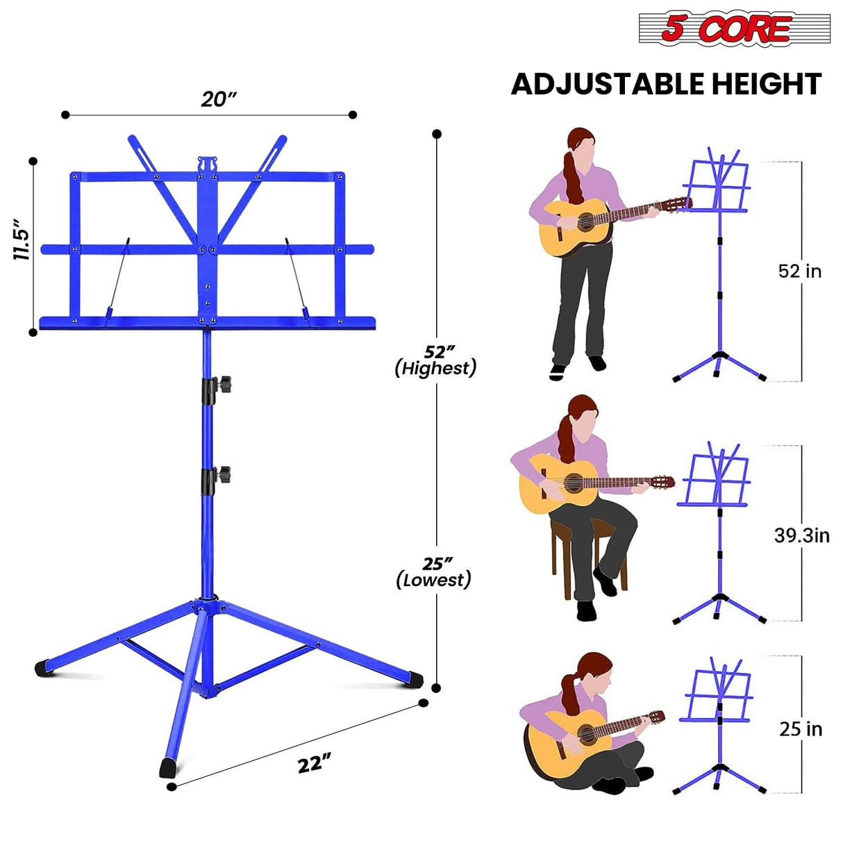 5 Core Music Stand Adjustable Desktop Book Stands Portable Sheet Holder All Metal Foldable Bookstand