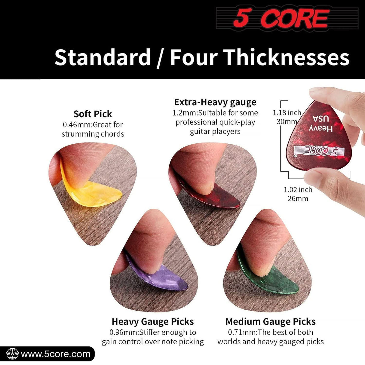 Heavy gauge purple picks by 5Core for acoustic electric and bass players