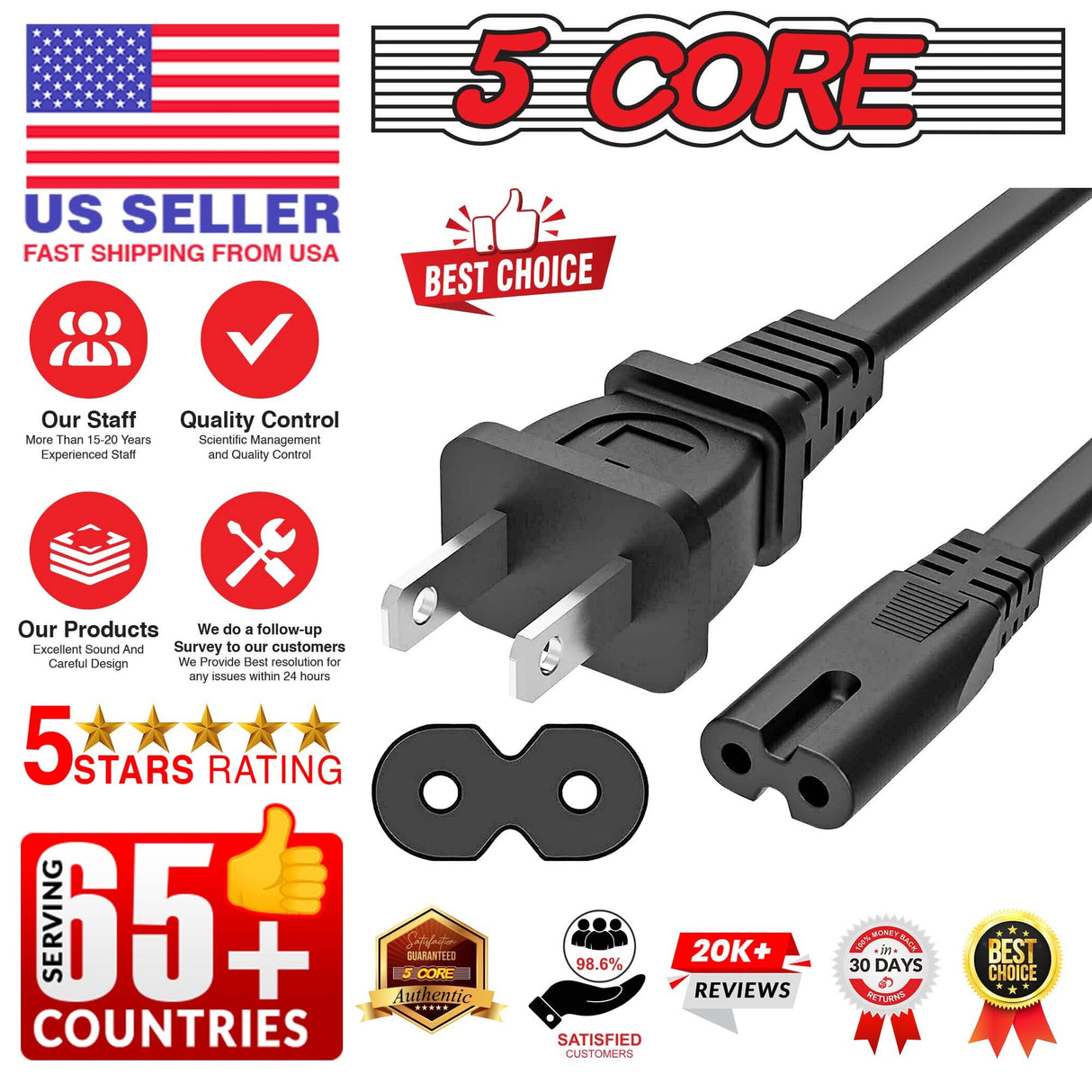 5Core 12ft AC extension cord 2 prong 16AWG 125V 13A adapter male to female US plug