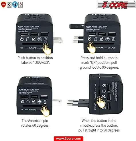 5 Core Universal Travel Adapter Worldwide w 3 USB Ports International Power Adopter for US EU UK AUS