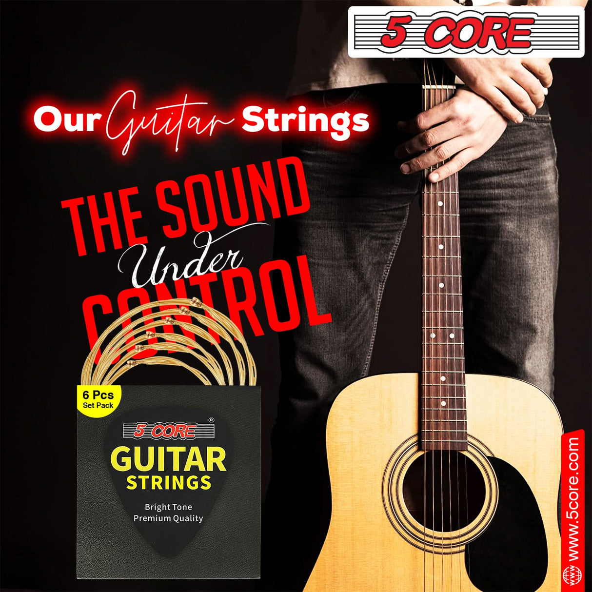 5 Core Acoustic Guitar 6 String Set Light Gauge Steel Carbon Core Bright Powerful Tone Heavy Duty