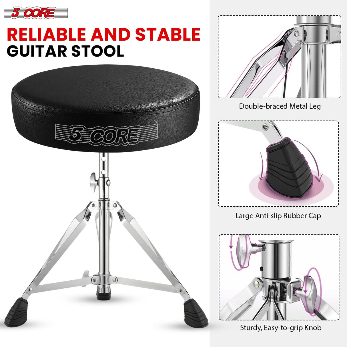 5Core Drum Throne Adjustable Guitar Stool Padded Seat + Drum Practice Pad Snare Drumming Stand