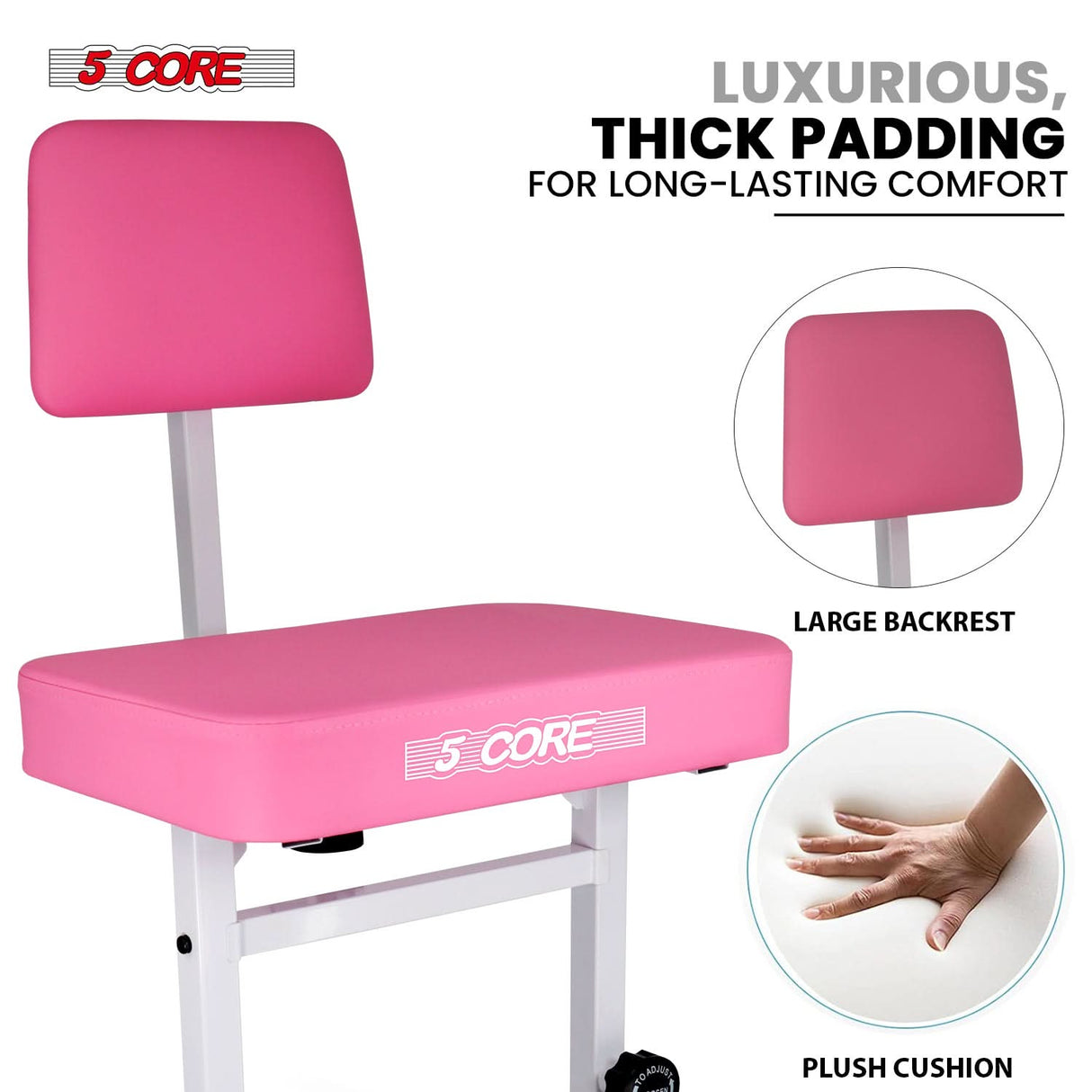 5 Core Piano Bench 3" Padded Cushioned Stool w Backrest Heavy Duty Musician Chair Height Adjustable
