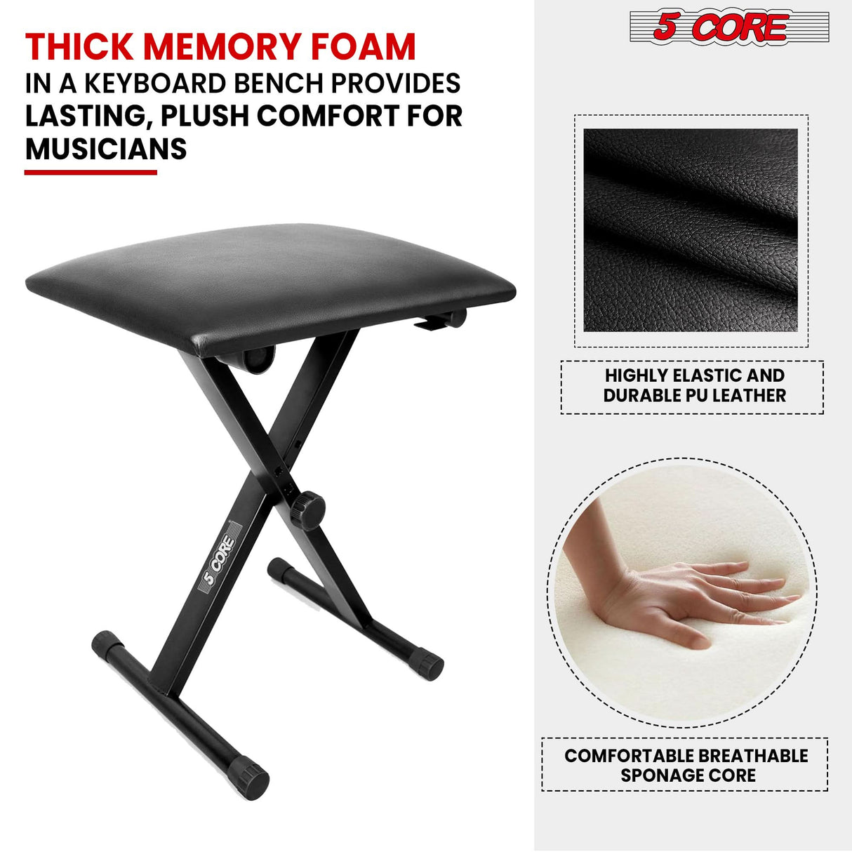 5 Core piano stool ergonomic padded seat front angle view