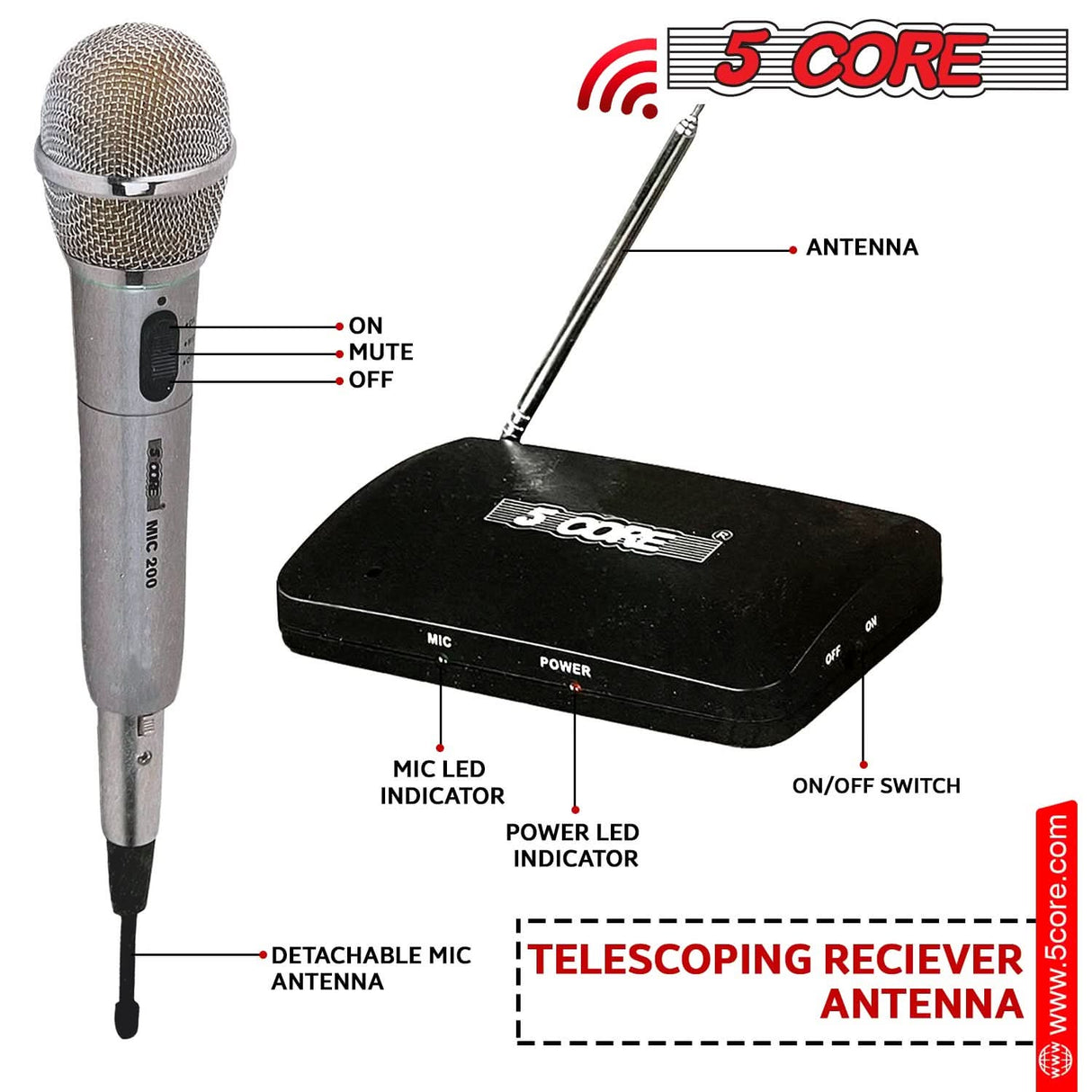 5Core 2-in-1 wireless microphone, wired and wireless options, versatile microphone for audio needs