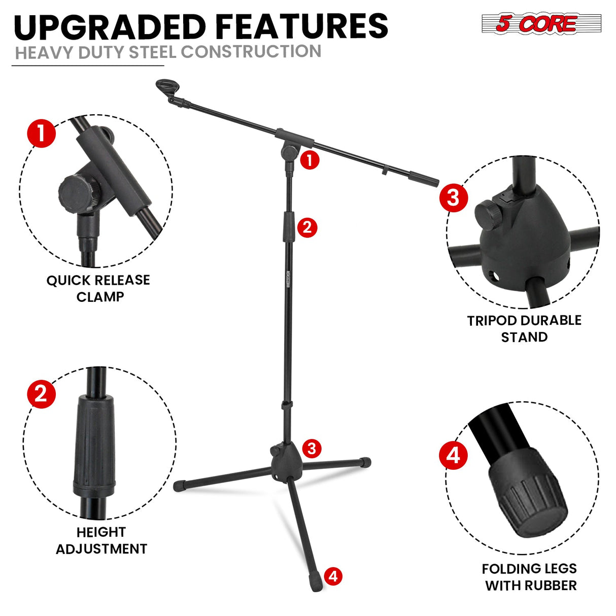 5 Core Mic Stand Floor Pair Adjustable 72" Tripod Microphone Stands w Telescoping Boom Arm