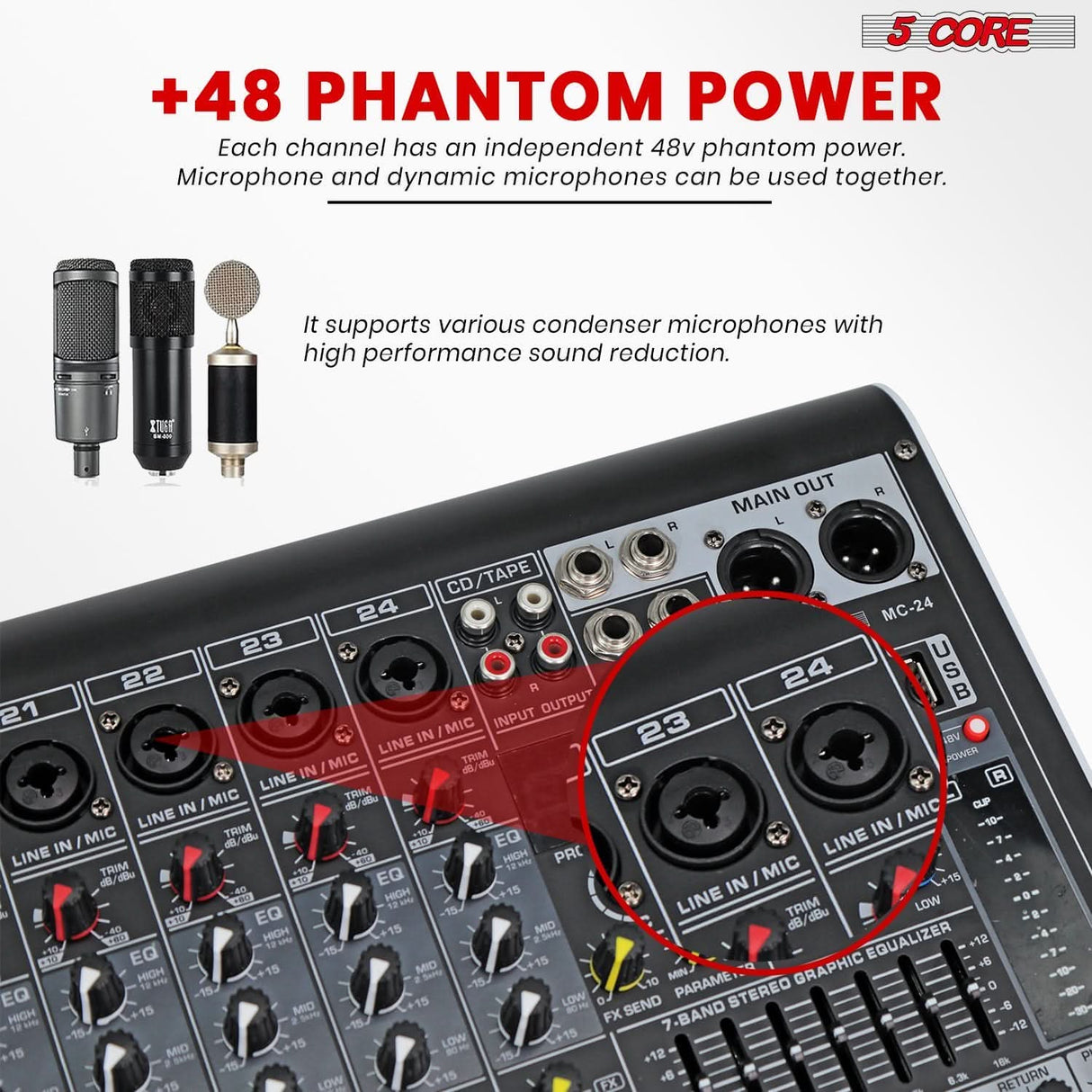 5Core Bluetooth-enabled 24-channel audio mixer with USB, PC recording, and analog mixing interface