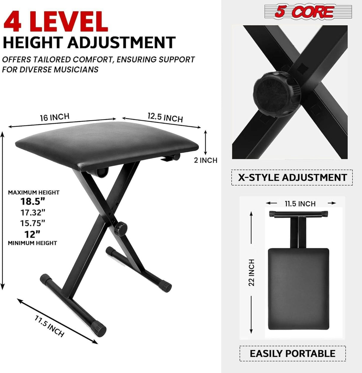 Adjustable 5Core piano stand combo perfect for home or studio