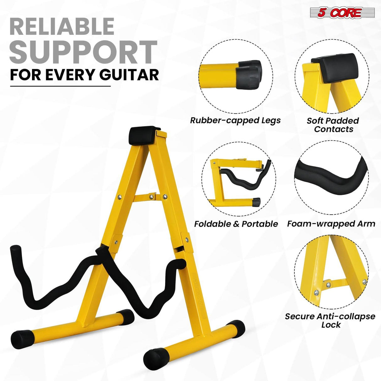 Bright yellow guitar holder with a sturdy frame