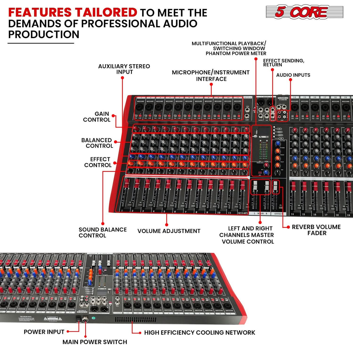 5Core professional audio mixer, 24 channel DJ mixing board with Bluetooth and USB, analog
