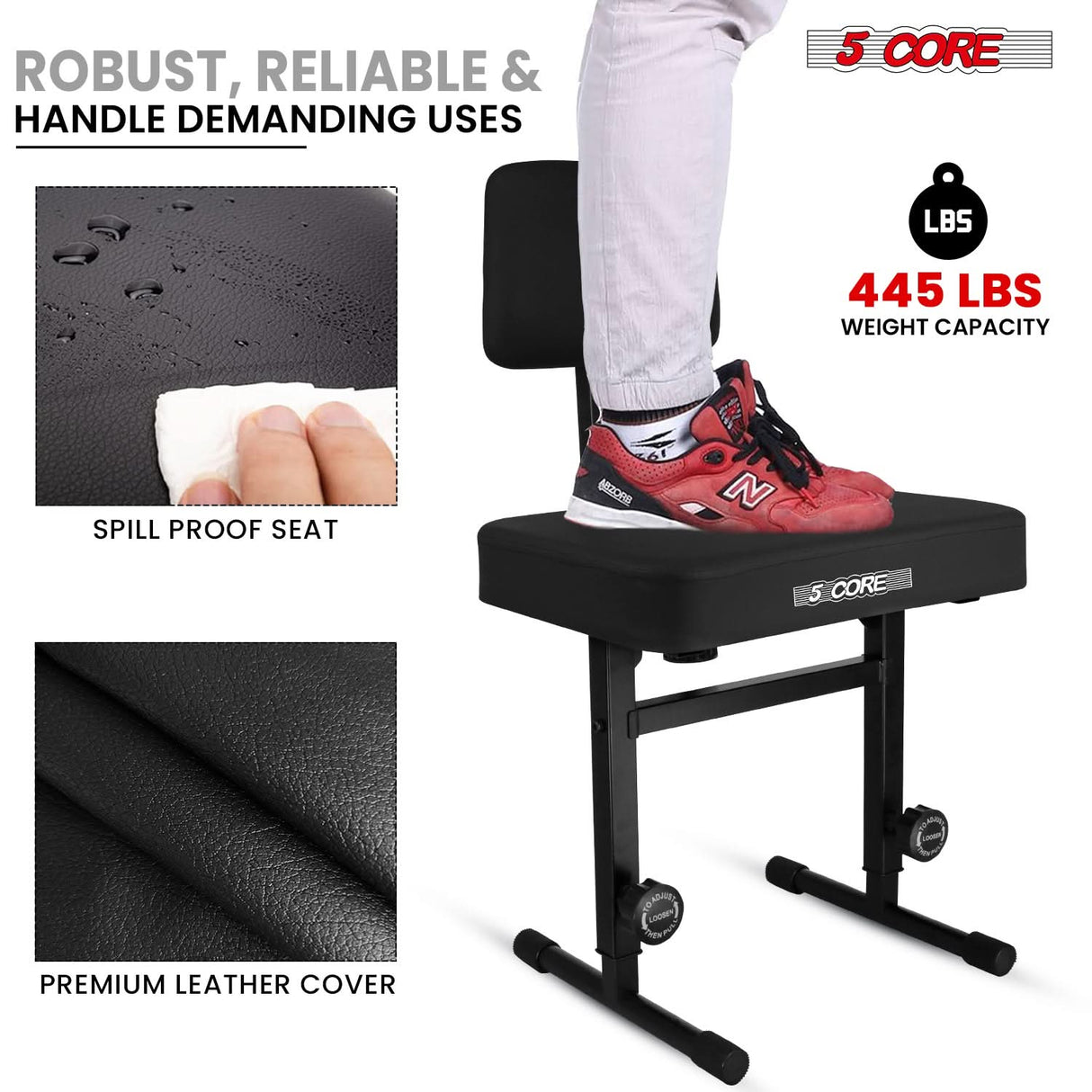 5 Core Piano Bench 3" Padded Cushioned Stool w Backrest Heavy Duty Musician Chair Height Adjustable