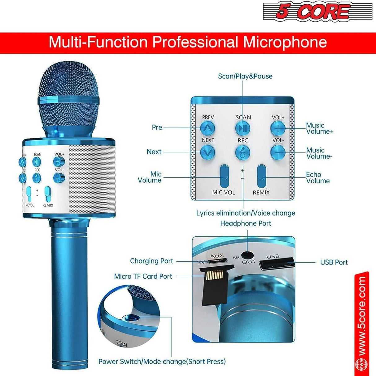 5 Core Wireless Karaoke Mic built in speaker angled front view
