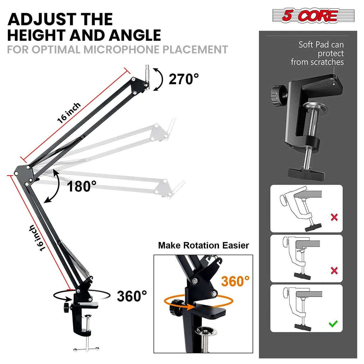 5Core Desk Mounted Mic Stand suspension arm folded side view