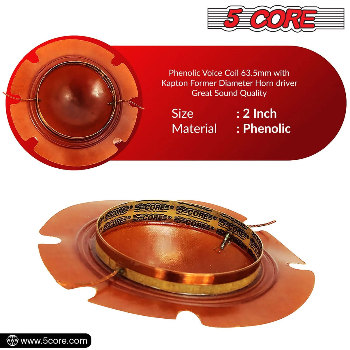 5Core 2-inch horn diaphragm replacements, 50 pack with phenolic voice coil and 51mm Kapton former