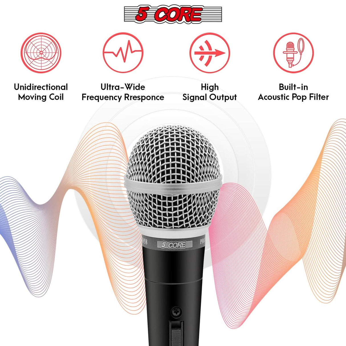 Dynamic singing microphone with cardioid pickup pattern