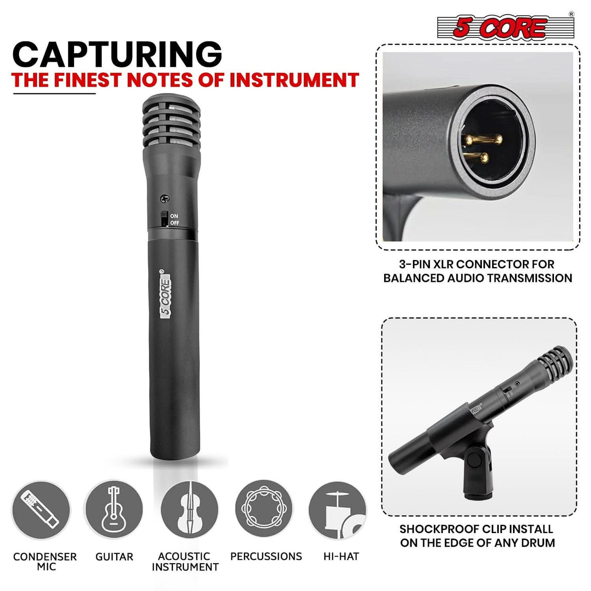 5Core black instrument microphone, XLR cardioid pencil stick condenser mic for professional use