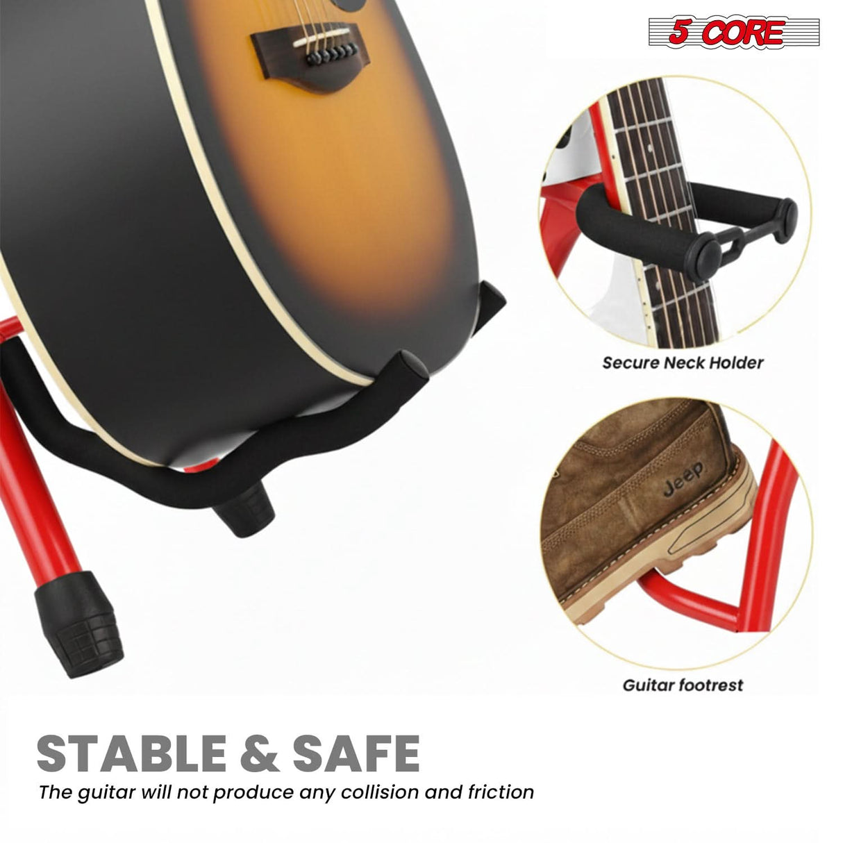 5Core Guitar Stool 3.15" Padded Chair w Backrest Foldable Music Seat Built in Foot Rest Guitar Stand