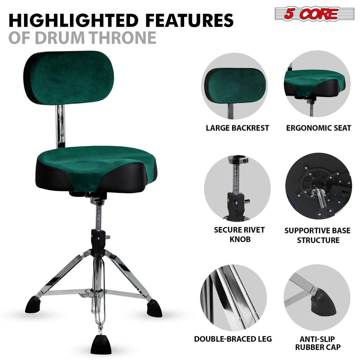 5 Core Drum Throne w Backrest 4" Padded Adjustable 26.5" Drummer Stool w Velvet Top 441Lb Capacity