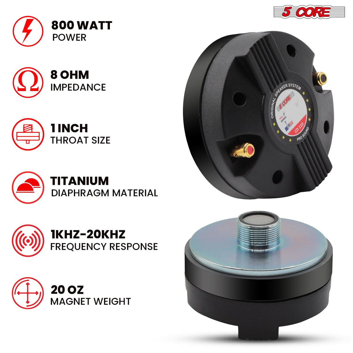 5 Core Compression Driver 1″ PA Horn Tweeter Pro Audio 800W 1.75″ Voice Coil 20Oz Magnet 8Ohm Driver